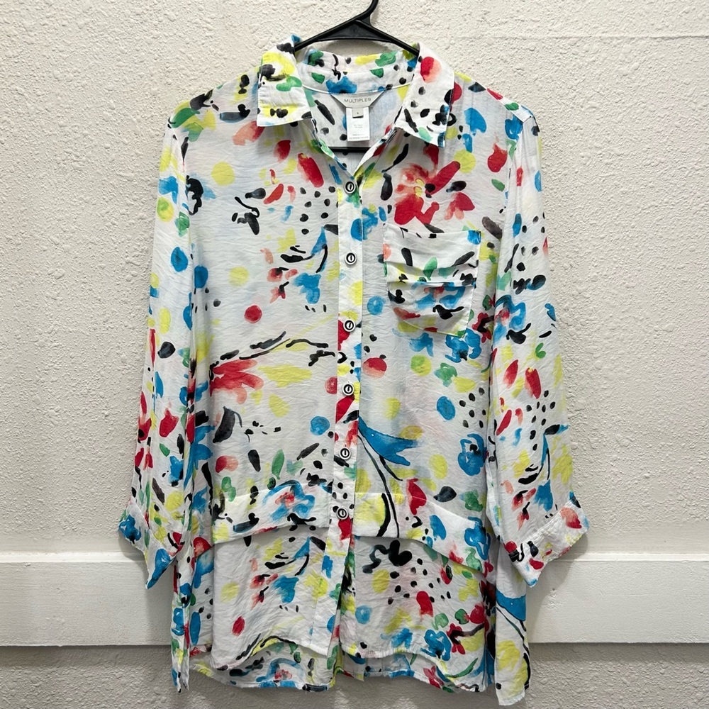 Multiples White with Paint Splatter Print Button Down Size Small